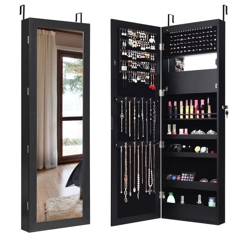 Costway Wall Door Mounted Mirror Jewelry Cabinet Organizer LED Lights, 1 of 11