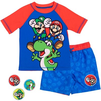 SUPER MARIO Nintendo Yoshi Luigi Mario Pullover Rash Guard and Swim Trunks with Removable Patches Outfit Set Toddler