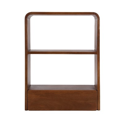 Walnut Brown Mango Wood Floating Wall Shelf with Drawer