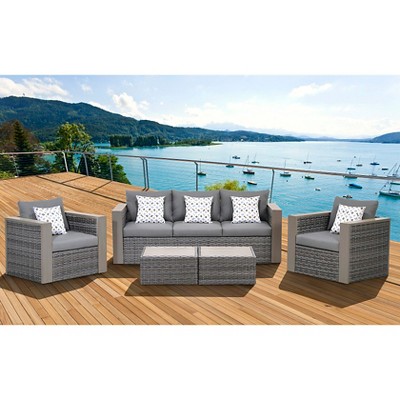 Camaro 5-Piece Wicker/Faux Wood Patio Seating Set with Gray Cushions - Gray - Amazonia