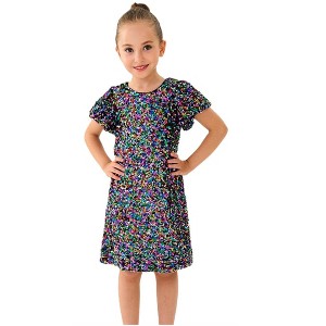 2Bunnies Girls' Colorful Stardust Sequin Puff Sleeve Dress - 1 of 4