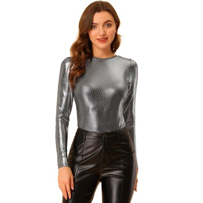 Glitter Round Neck Long Sleeve Semi-Sheer Bodysuit