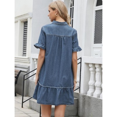 Женские платья INSPIRE CHIC Women's Denim Ruffle Sleeve Button Up Turndown Collar Casual Shift Mini Jean Dresses Large Blue — фото 3