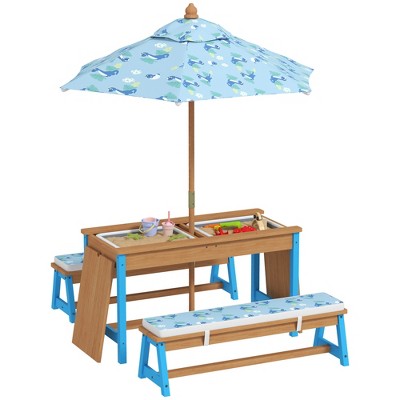 Qaba Kids Picnic Table, Wooden Table and Bench Set with Foldable Umbrella, Removable Cushions & Boxes, for Patio