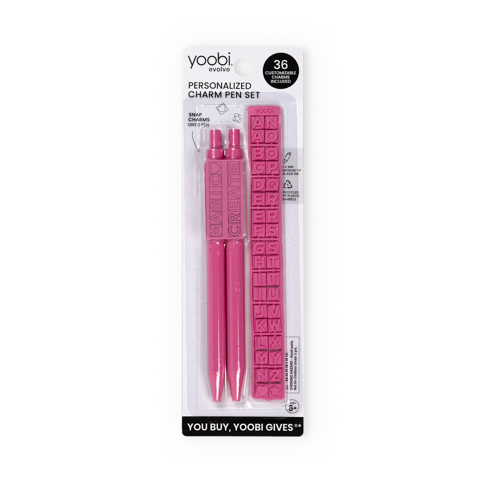 Yoobi Evolve Ballpoint Pen 2pk – Retractable Hot Pink Set with 36 Custom Charms, 1.0mm Black Ink