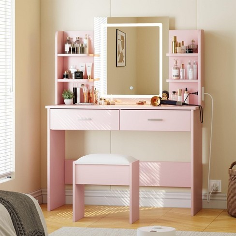 Vanity Desk With Lighted Mirror, Makeup Vanity Set With Power Outlet ...