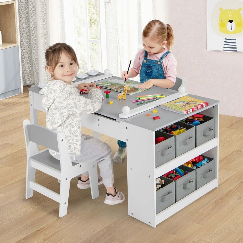 Costway 2-in-1 Kids Wooden Art Table and Art Easel Set with Chairs Storage Bins Paper Roll Gray/White/Natural, 4 of 11