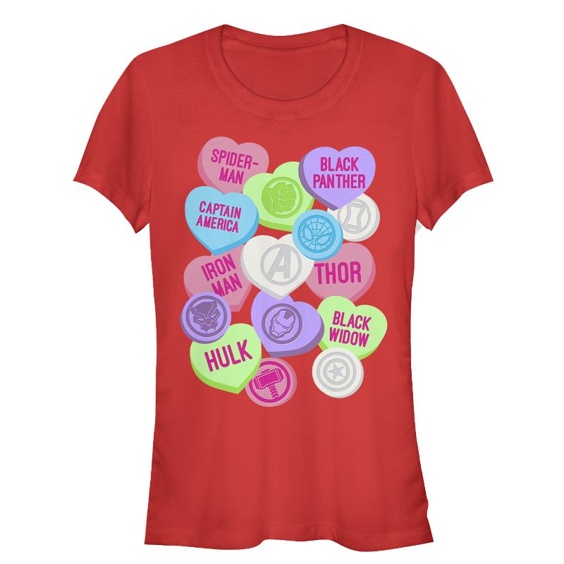Juniors Womens Marvel Valentine's Day Candy Heart Heroes T-Shirt, 1 of 4