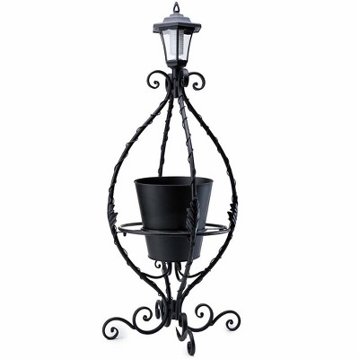 Wind & Weather Black Wrought Iron Plant Stand with Solar Light