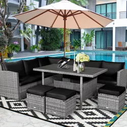 Costway 7 PCS Patio Rattan Dining Set Sectional Sofa Couch Ottoman Garden Black