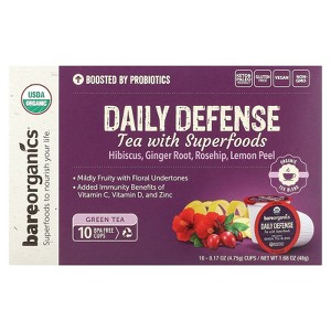 BareOrganics Daily Defense, Tea with Superfoods, Green Tea, 10 Pods, 0.17 oz (4.75 g) Each - 1 of 3