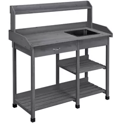 Yaheetech Solid Outdoor Wood Potting Bench Garden Work Bench Station w/Sink Drawer Rack Shelves, Gray