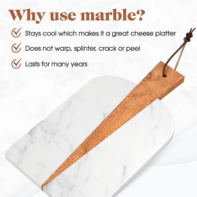 White Marble and Wood Paddle Cutting Board with Leather Strap