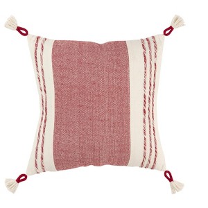 HomeRoots 20" Red and White Color Block Cotton Throw Pillow With Tassels - 1 of 3