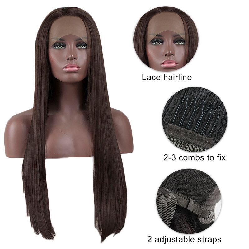 Unique Bargains Long Straight Hair Lace Front Wigs for Women with Wig Cap 24" Synthetic Fibre 1PC, 5 of 7