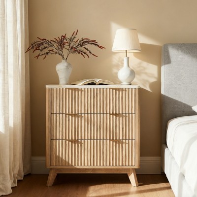 SinCiDo Fluted Nightstand with 3 Storage Drawers, Wood Modern 32" Tall Night Stand Bedside Table for Bedroom, Living Room