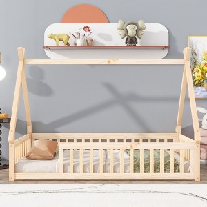 CAVINAS Kids Toddler Bed with Guardrails,Floor Bed with Tent-shaped Design,Twin/Full Size Montessori Bed for Bedroom,White/Brown/Gray/Off-White - 1 of 4