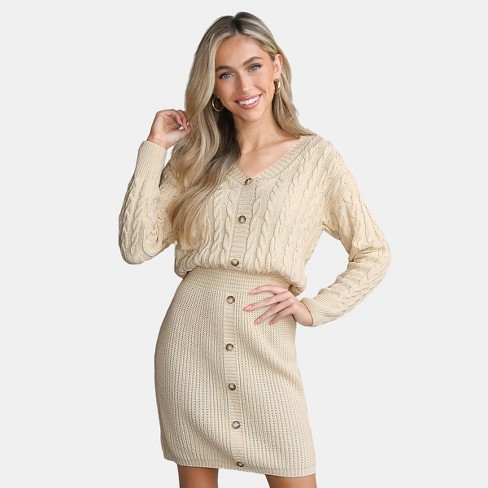 Women's Cable Knit V-Neck Sweater Dress - Cupshe-M-Beige