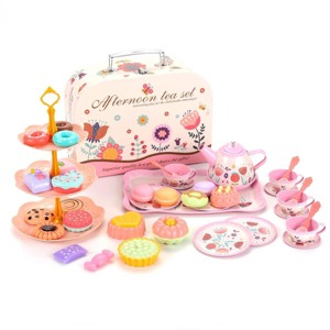 JuzToys Tea Set for Little Girls, Princess Tea Time Toys Playset, Teapot Dishes Dessert & Carrying Case, Pretend Playset for Kids - 1 of 4