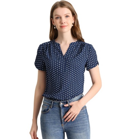 Polka Dotted Blouses with Short Sleeve and Button Down  Polka dot shirt  outfit, Polka dot blouse, Dark blue blouse