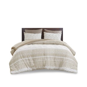 Gulches Mila 3 Piece Taupe White Botanical Chevron Cotton Queen Comforter Set - 1 of 4