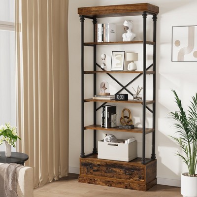 Bookshelf with Drawers Tall Bookcase 5 Tier Bookshelves Vintage Bookshelf