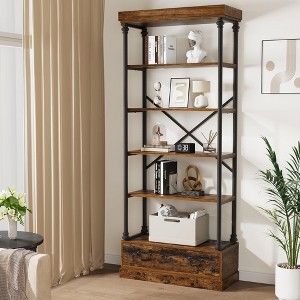 Bookshelf with Drawers Tall Bookcase 5 Tier Bookshelves Vintage Bookshelf - 1 of 4