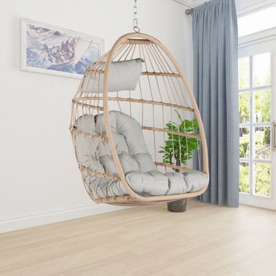 Okak Rattan Egg Swing Chair with Cushion,Outdoor Patio Wicker Hanging Chair,Woven Hammock Swing Chair for Patio,360LBS Capacity