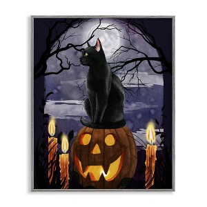 Stupell Industries Full Moon Halloween Night Spooky Black Cat Jack-o'-lantern Framed Giclee Art - 1 of 4