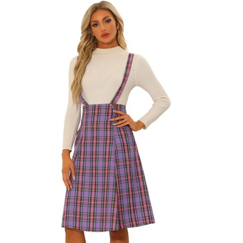 Allegra K Women's Plaid Tartan Button Decor A-Line Pinafore