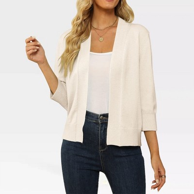 Women's Lightweight 3/4 Sleeve Cropped Cardigan Sweater Open Front Short Shrugs,Creamy White - L