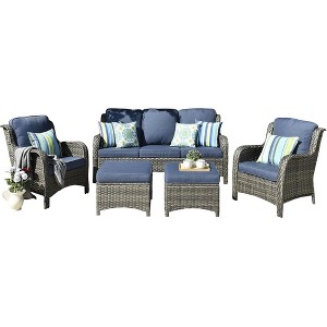 HOMLUX Outdoor Patio Furniture Conversation Set 5 Pieces All Weather Wicker High Back Couch with Ottomans - 1 of 4