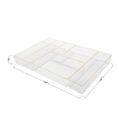 Martha Stewart Clear Plastic Stackable Desk Drawer Organizers with Gold Trim, Set of 8