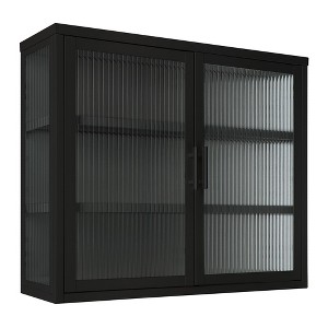 Modern Black Double Glass Door Wall Cabinet with Detachable Shelves-3 Tier Floating Storage for Bathroom,Kitchen,and Office - 1 of 4