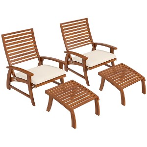 Outsunny 4 Piece Patio Furniture Set, 2 Chairs with Cushions & Ottomans, Slatted Acacia Wood Seat & Backrest, Cream White - 1 of 4