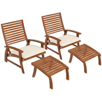Outsunny 4 Piece Patio Furniture Set, 2 Chairs with Cushions & Ottomans, Slatted Acacia Wood Seat & Backrest, Cream White