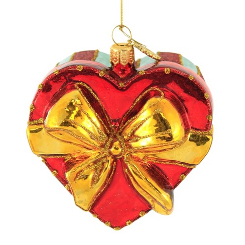 Huras Red & Gold Heart Shaped Box - 1 Glass Ornament 3.50 Inches - Ornament  Valentines Love - S841 - Glass - Red