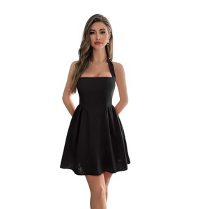 Coolmee Women's Summer Dress Sleeveless Halter Neck Sundress Backless A Line Flowy Short Mini Beach Dress - 1 of 4