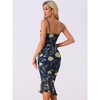 Allegra K Women's Spaghetti Strap Floral Print Mesh Sleeveless Ruched Party Midi Bodycon Dress - 4 of 4