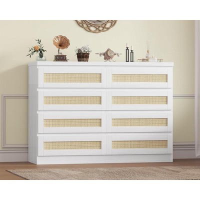 8-Drawer Rattan Dresser for Bedroom, Double Wood Chest of Drawers for Closet, Nightstand, TV Stand, Living Room, Entryway, or Hallway