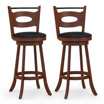 Costway Set of 2 Bar Stools 360° Swivel Dining Chairs Solid Rubber Wood Leather Padded Seat Counter Height