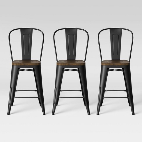 Set Of 3 Carlisle Backed Counter Height Barstool With Wood Seat