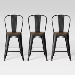 Set of 3 Carlisle Backed Counter Height Barstool with Wood Seat Matte Black - Threshold™