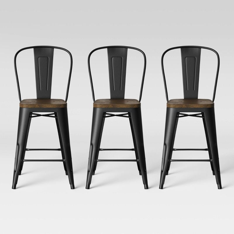 Set of 3 Carlisle Backed Counter Height Barstool with Wood Seat Matte Black - Threshold&#8482;, 1 of 2