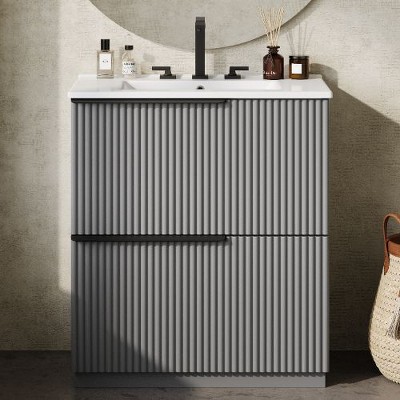 NicBex Modern Fluted Design Freestanding Vanity, Bathroom Vanity with Ceramic Sink, Dual-Tier Split Full-Extension Drawers