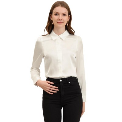 Allegra K Women's Office Satin Tops Collared Professional Long Sleeve ...