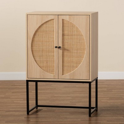 Ardon Bohemian Light Brown Wood and Black Metal Storage Cabinet with Rattan