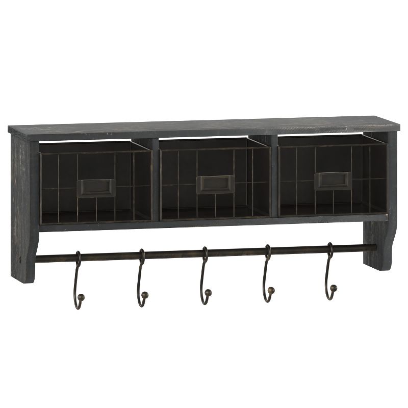Emma and Oliver Rustic Country Wall Mounted Shelf with 5 Adjustable Sliding Hooks and Three Wire Storage Baskets, 1 of 12