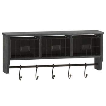 Emma and Oliver Rustic Country Wall Mounted Shelf with 5 Adjustable Sliding Hooks and Three Wire Storage Baskets