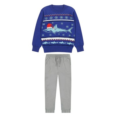 Andy & Evan  Kids  Boys Blue Shark Jacquard Holiday Sweater Set